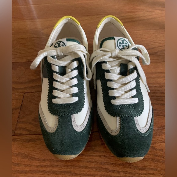 Tory Burch Hank Suede Sneakers Lace Up Ivory and Green Womens Size 6.5 NIB - Picture 4 of 12